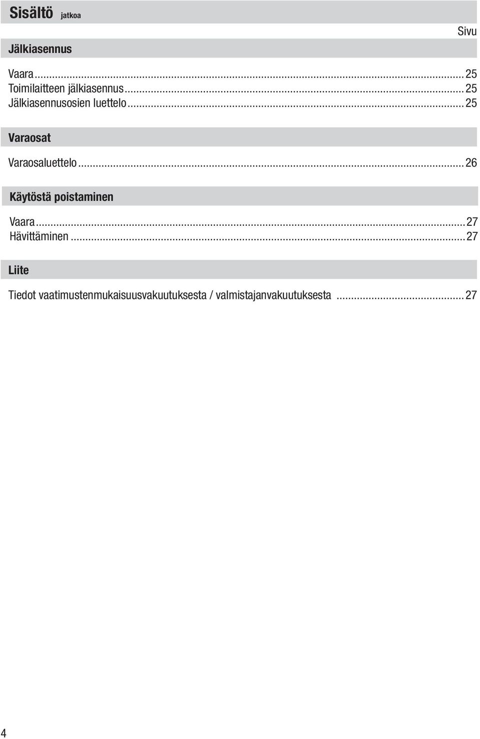 ..25 Varaosat Varaosaluettelo...26 Käytöstä poistaminen Vaara.