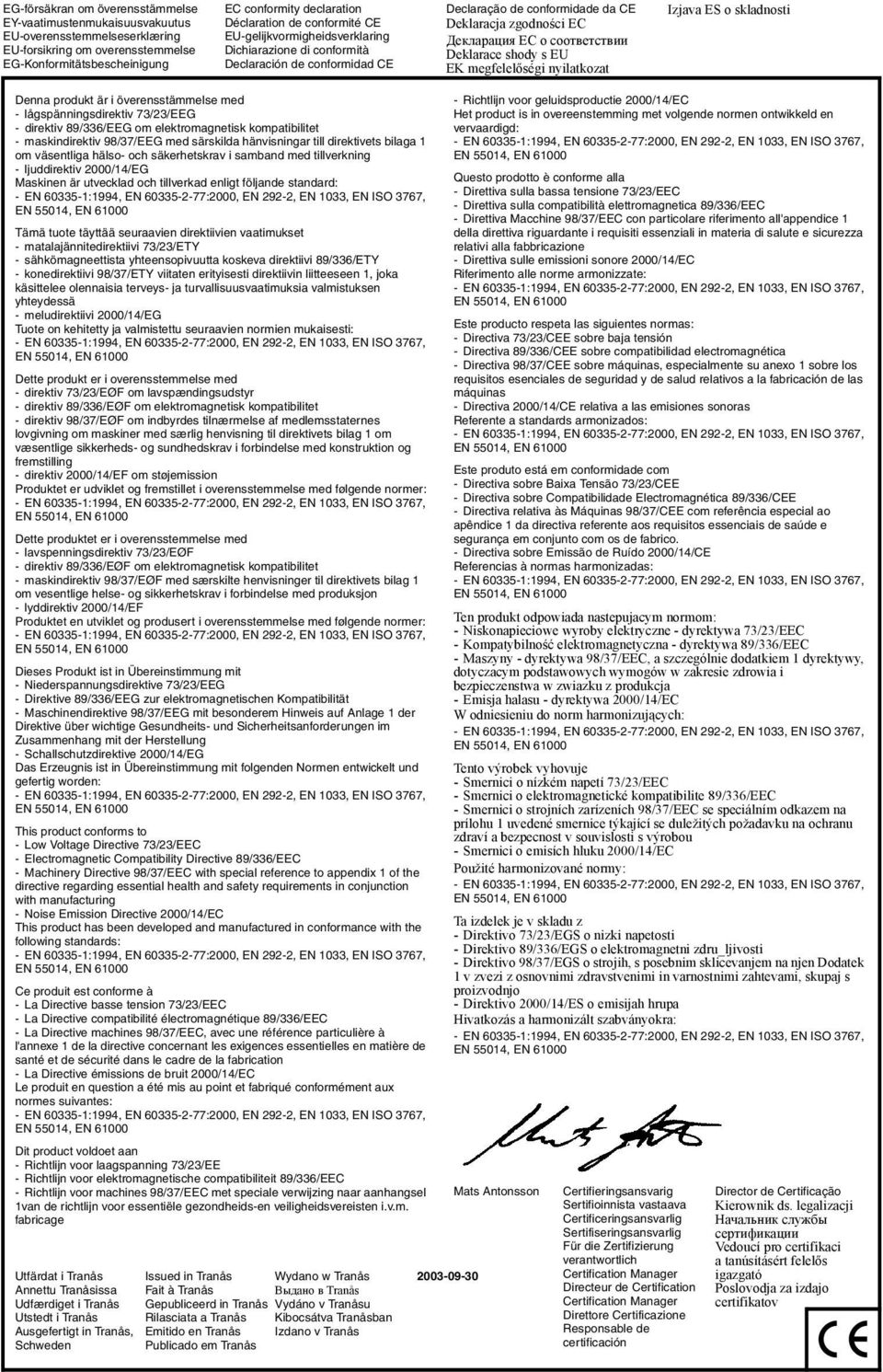 shody s EU EK megfelelőségi nyilatkozat Izjava ES o skladnosti Denna produkt är i överensstämmelse med - lågspänningsdirektiv 73/3/EEG - direktiv 89/336/EEG om elektromagnetisk kompatibilitet -
