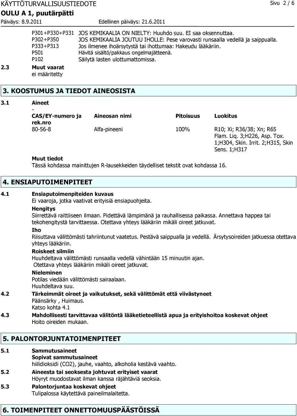 Säilytä lasten ulottumattomissa. 3. KOOSTUMUS JA TIEDOT AINEOSISTA 3.1 Aineet - CAS/EY-numero ja Aineosan nimi Pitoisuus Luokitus rek.nro 80-56-8 Alfa-pineeni 100% R10; Xi; R36/38; Xn; R65 Flam. Liq.