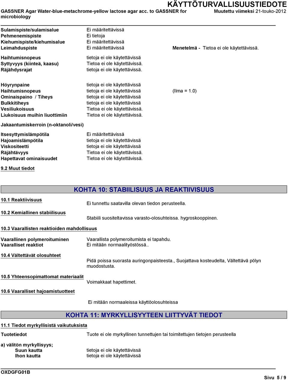 0) Jakaantumiskerroin (n-oktanoli/vesi) Itsesyttymislämpötila Hajoamislämpötila Viskositeetti Räjähtävyys Hapettavat ominaisuudet 9.2 Muut tiedot KOHTA 10: STABIILISUUS JA REAKTIIVISUUS 10.