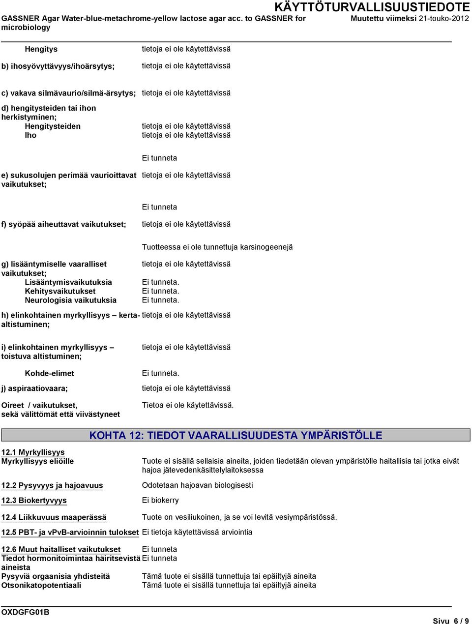 karsinogeenejä Ei tunneta. Ei tunneta. Ei tunneta. h) elinkohtainen myrkyllisyys kertaaltistuminen; i) elinkohtainen myrkyllisyys toistuva altistuminen; Kohde-elimet Ei tunneta.