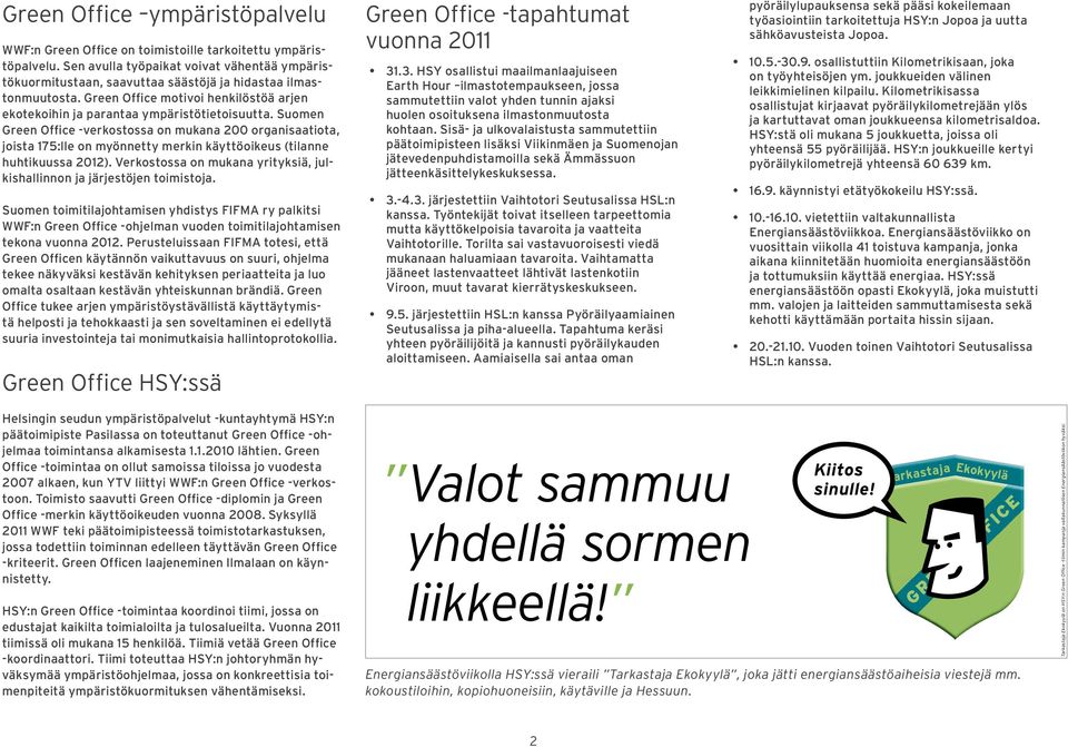 Suomen Green Office -verkostossa on mukana organisaatiota, joista 175:lle on myönnetty merkin käyttöoikeus (tilanne huhtikuussa 1).