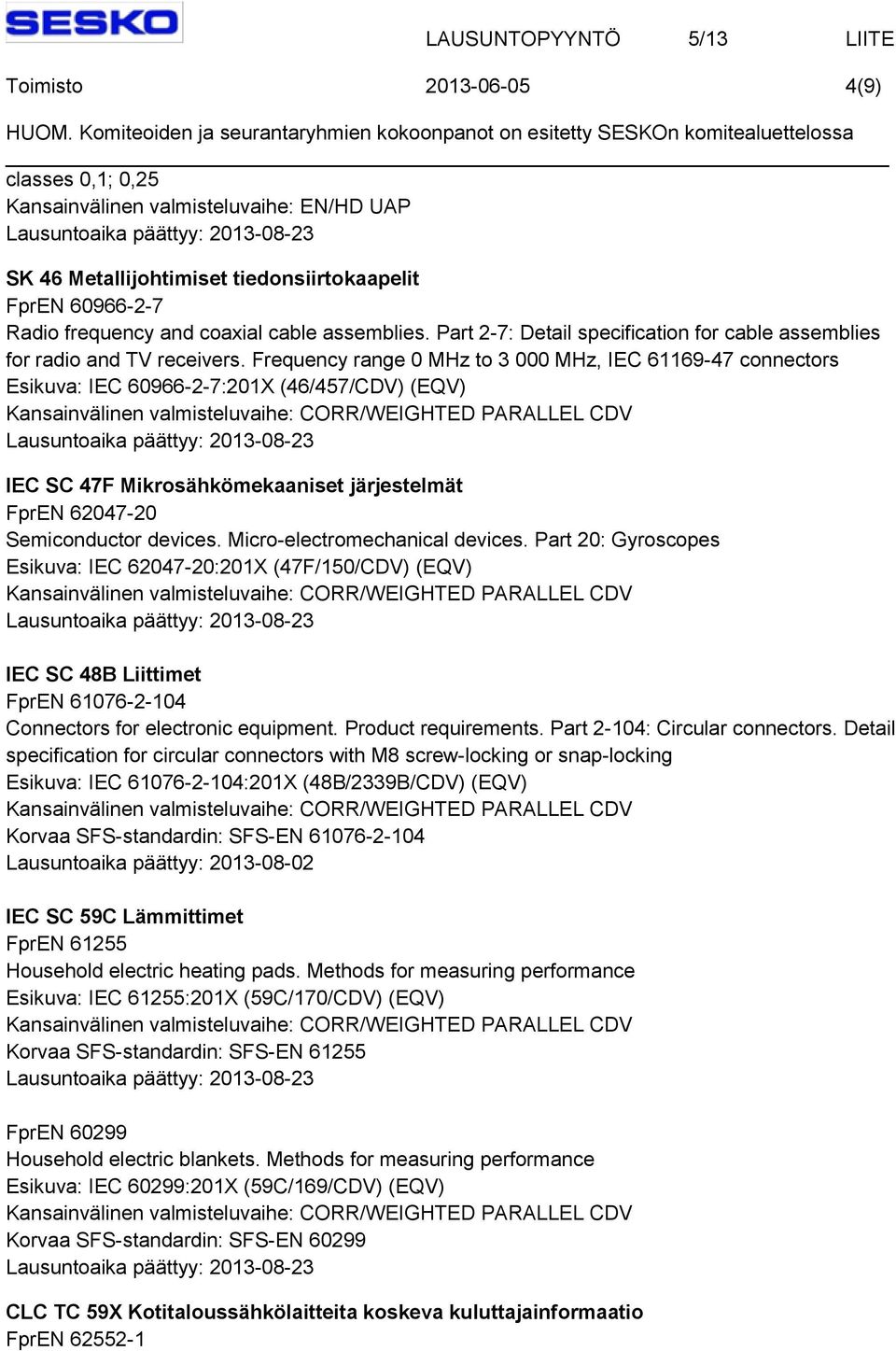 Frequency range 0 MHz to 3 000 MHz, IEC 61169-47 connectors Esikuva: IEC 60966-2-7:201X (46/457/CDV) (EQV) IEC SC 47F Mikrosähkömekaaniset järjestelmät FprEN 62047-20 Semiconductor devices.