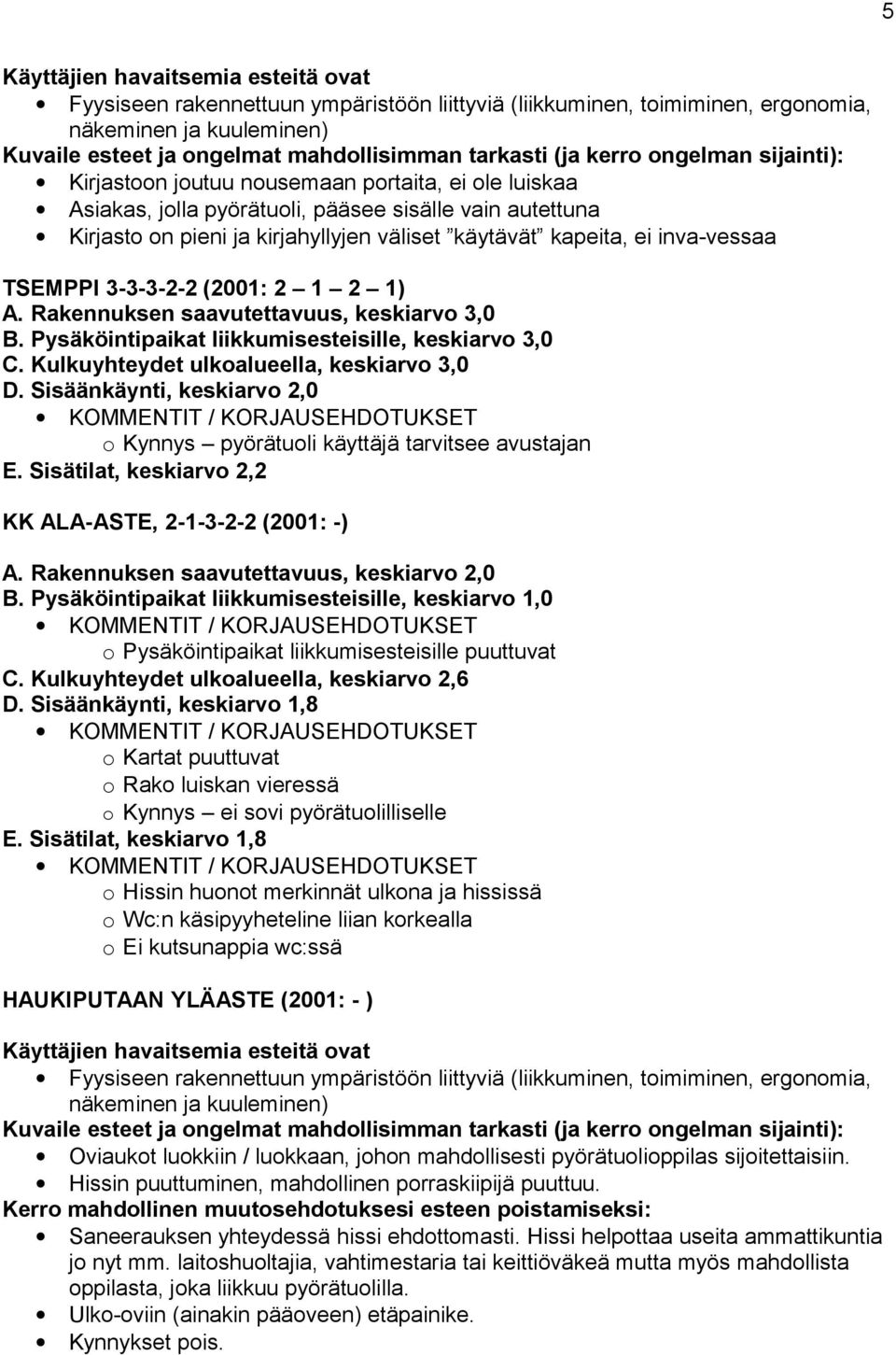 3-3-3-2-2 (2001: 2 1 2 1) A. Rakennuksen saavutettavuus, keskiarvo 3,0 B. Pysäköintipaikat liikkumisesteisille, keskiarvo 3,0 C. Kulkuyhteydet ulkoalueella, keskiarvo 3,0 D.