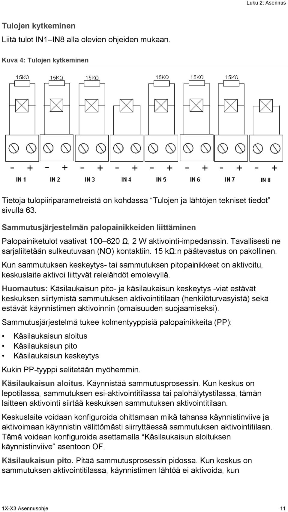 Sammutusjärjestelmän palopainikkeiden liittäminen Palopainiketulot vaativat 100 620 Ω, 2 W aktivointi-impedanssin. Tavallisesti ne sarjaliitetään sulkeutuvaan (NO) kontaktiin.