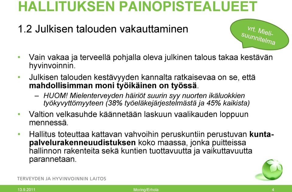 Mielenterveyden häiriöt suurin syy nuorten ikäluokkien työkyvyttömyyteen (38% työeläkejärjestelmästä ja 45% kaikista) Valtion velkasuhde käännetään laskuun vaalikauden