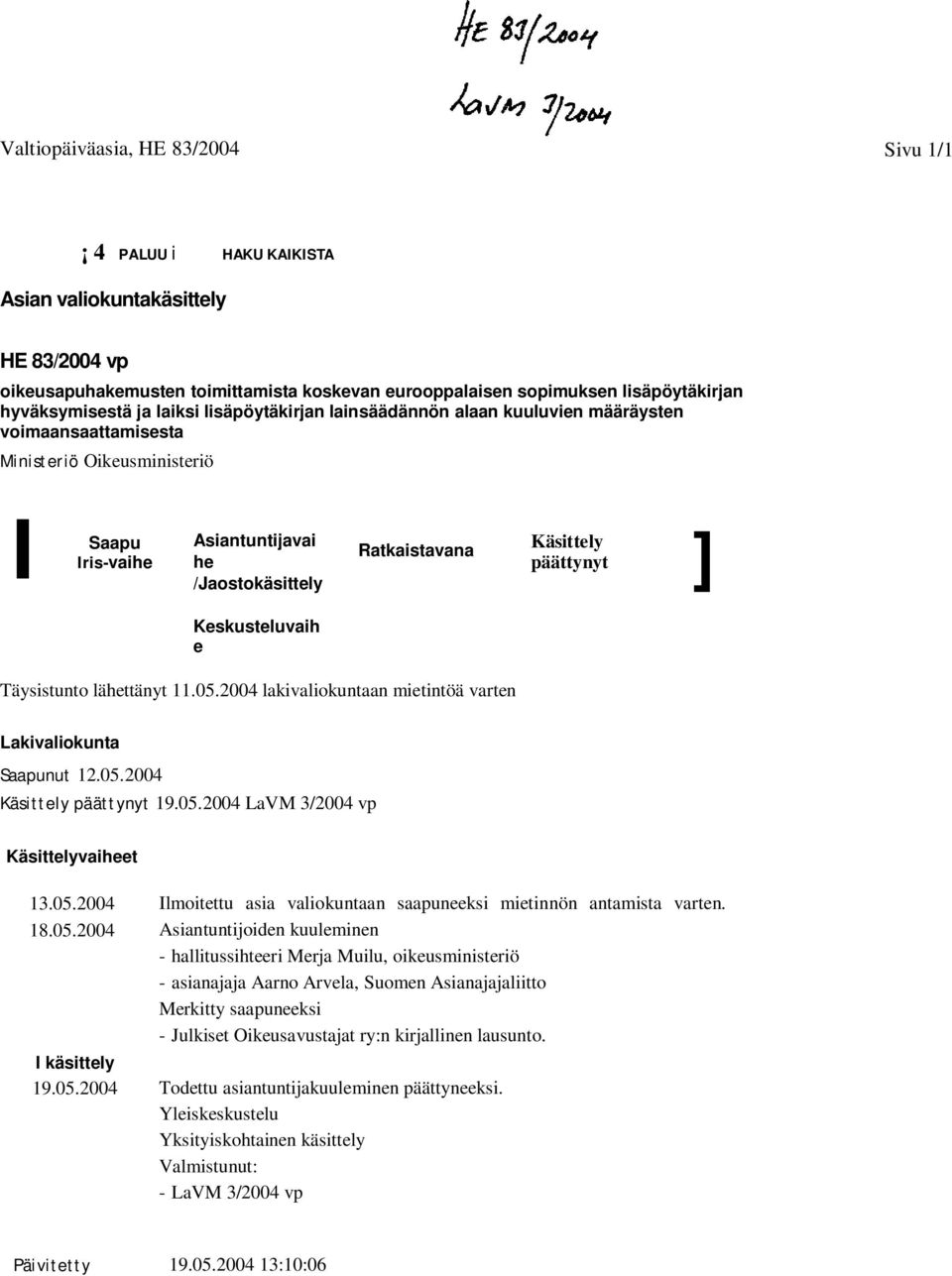 Käsittely ] päättynyt Keskusteluvaih e Täysistunto lähettänyt 11.05.2004 lakivaliokuntaan mietintöä varten Lakivaliokunta Saapunut 12.05.2004 Käsittely päättynyt 19.05.2004 LaVM 3/2004 vp Käsittelyvaiheet 13.