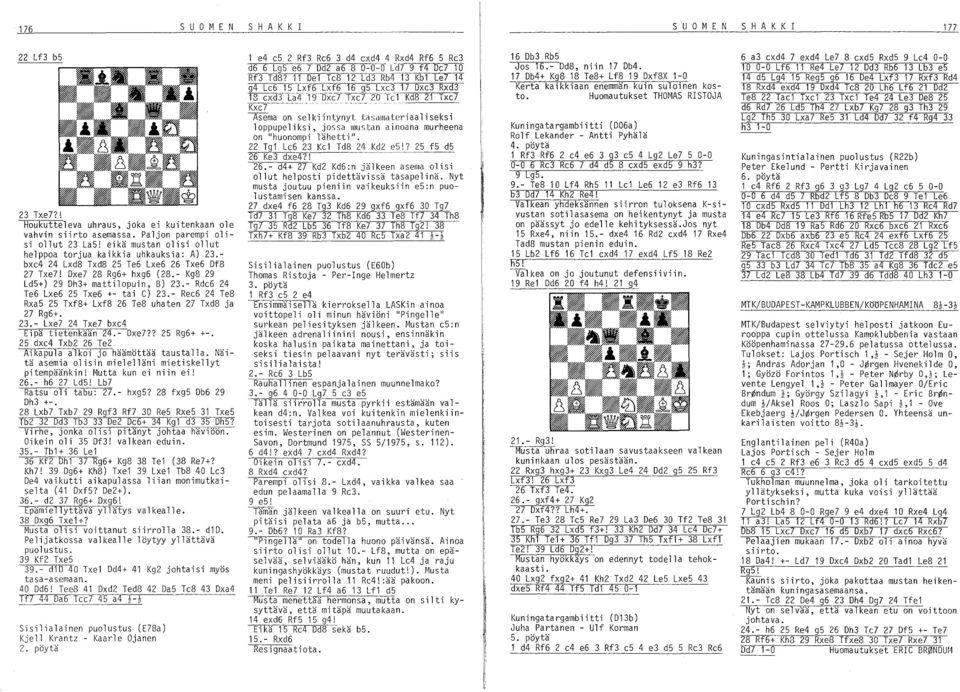 - Rde6 24 Te6 Lxe6 2S Txe6 +- tai C) 23.- Ree6 24 Te8 RxaS 2S Txf8+ Lxf8 26 Te8 uhaten 27 Txd8 ja 27 Rg6+. 23.- Lxe7 24 Txe7 bxe4 Eipä tietenkään 24.- Dxe7?? 25 Rg6+ +-.