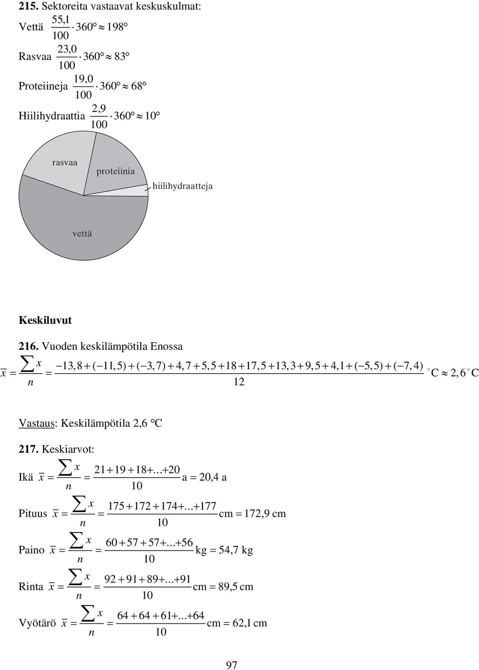 Vuode keskilämpötila Eossa x 3,8 + (,) + ( 3,7) + 4,7+,+ 8+ 7,+ 3,3+ 9,+ 4, + (,) + ( 7,4) x = = C, C Vastaus: Keskilämpötila, C 7.