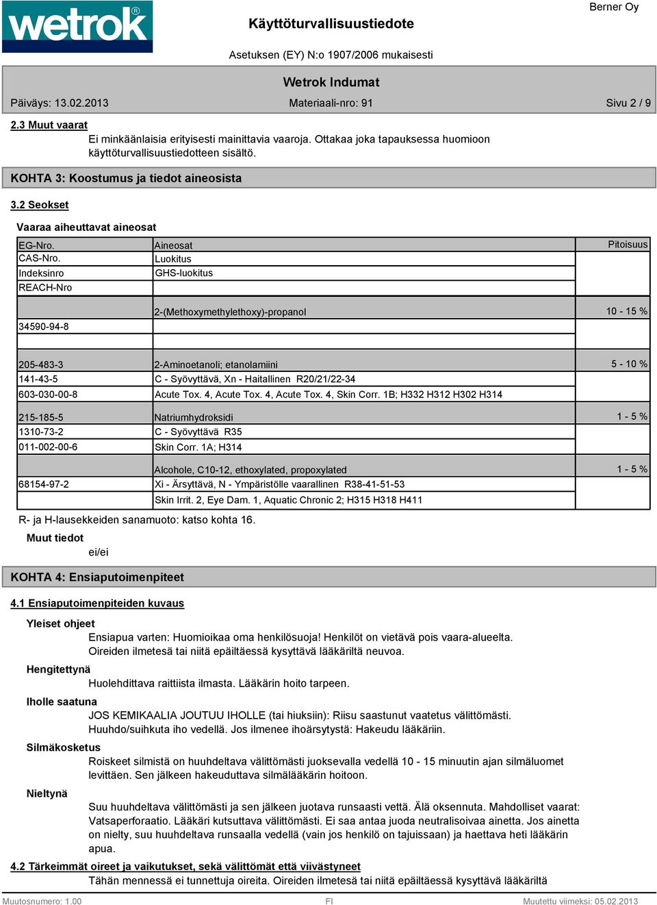 Aineosat Luokitus Indeksinro GHS-luokitus REACH-Nro Pitoisuus 34590-94- 2-(Methoxymethylethoxy)-propanol 10-15 % 205-43-3 141-43-5 603-030-00-215-15-5 1310-73-2 011-002-00-6 2-Aminoetanoli;