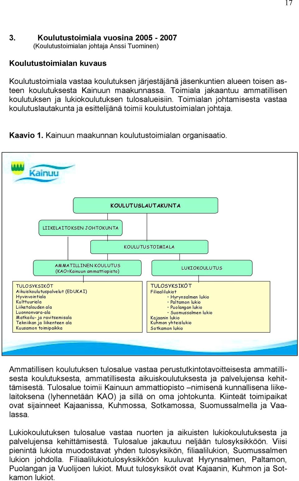 Toimialan johtamisesta vastaa koulutuslautakunta ja esittelijänä toimii koulutustoimialan johtaja. Kaavio 1. Kainuun maakunnan koulutustoimialan organisaatio.