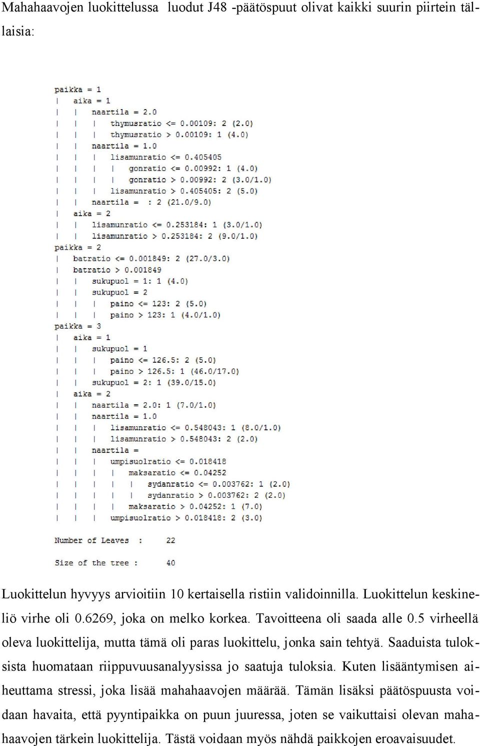 5 virheellä oleva luokittelija, mutta tämä oli paras luokittelu, jonka sain tehtyä. Saaduista tuloksista huomataan riippuvuusanalyysissa jo saatuja tuloksia.