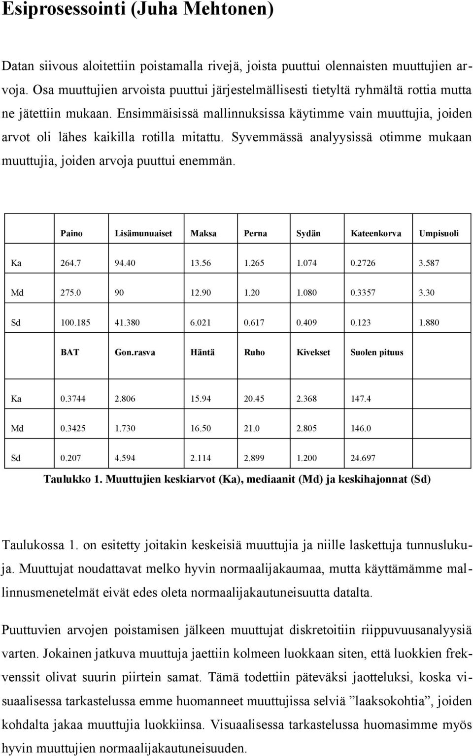 Ensimmäisissä mallinnuksissa käytimme vain muuttujia, joiden arvot oli lähes kaikilla rotilla mitattu. Syvemmässä analyysissä otimme mukaan muuttujia, joiden arvoja puuttui enemmän.