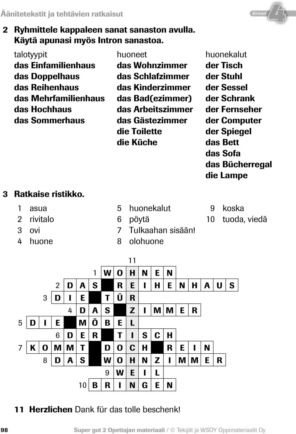 der Schrank das Hochhaus das Arbeitszimmer der Fernseher das Sommerhaus das Gästezimmer der Computer die Toilette die Küche der Spiegel das Bett das Sofa das Bücherregal die Lampe 3 Ratkaise ristikko.