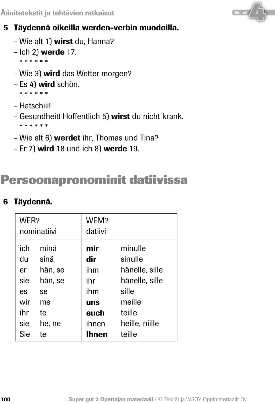 Er 7) wird 18 und ich 8) werde 19. Persoonapronominit datiivissa 6 Täydennä. WER? nominatiivi WEM?