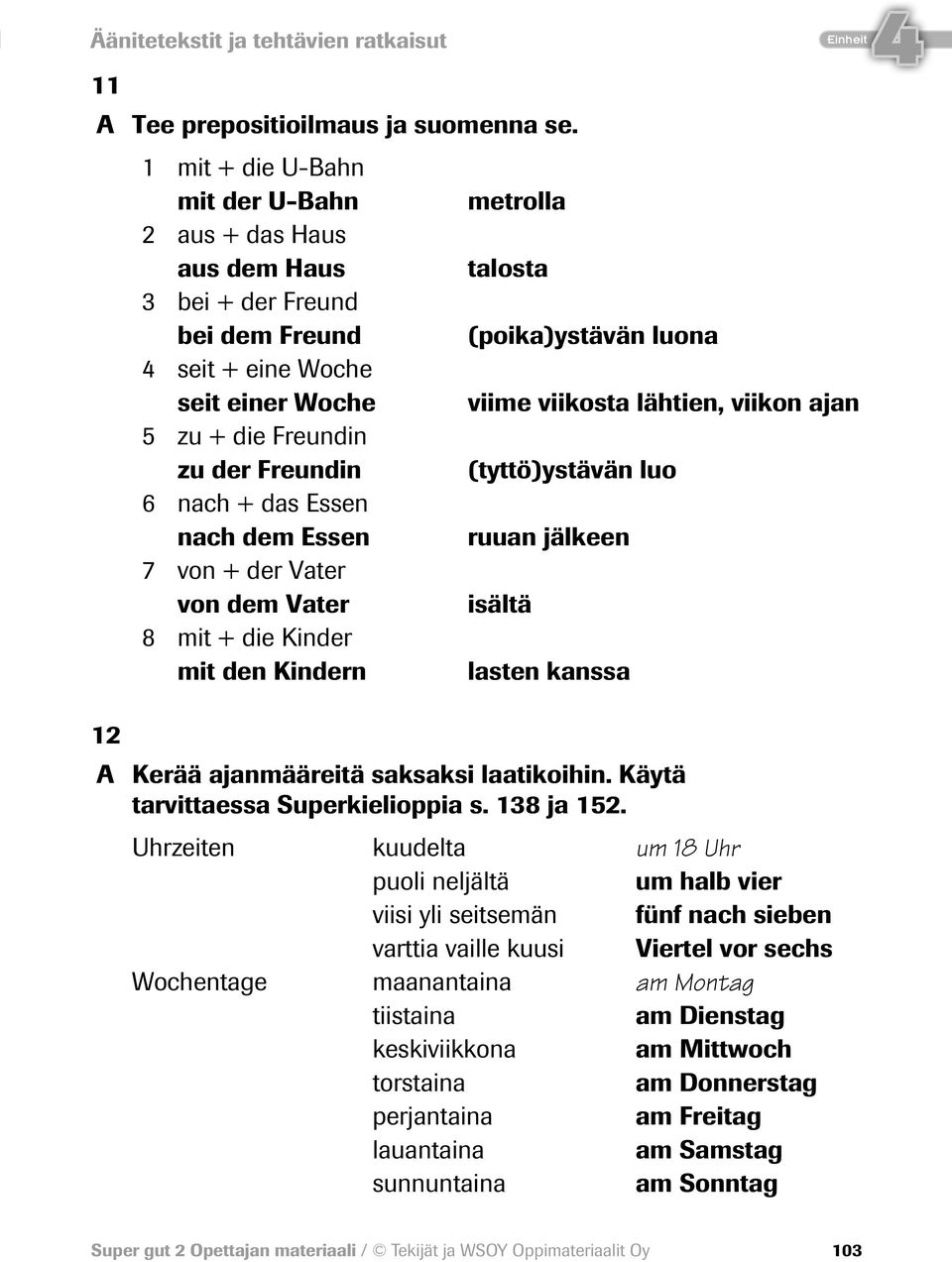 Essen 7 von + der Vater von dem Vater 8 mit + die Kinder mit den Kindern metrolla talosta (poika)ystävän luona viime viikosta lähtien, viikon ajan (tyttö)ystävän luo ruuan jälkeen isältä lasten