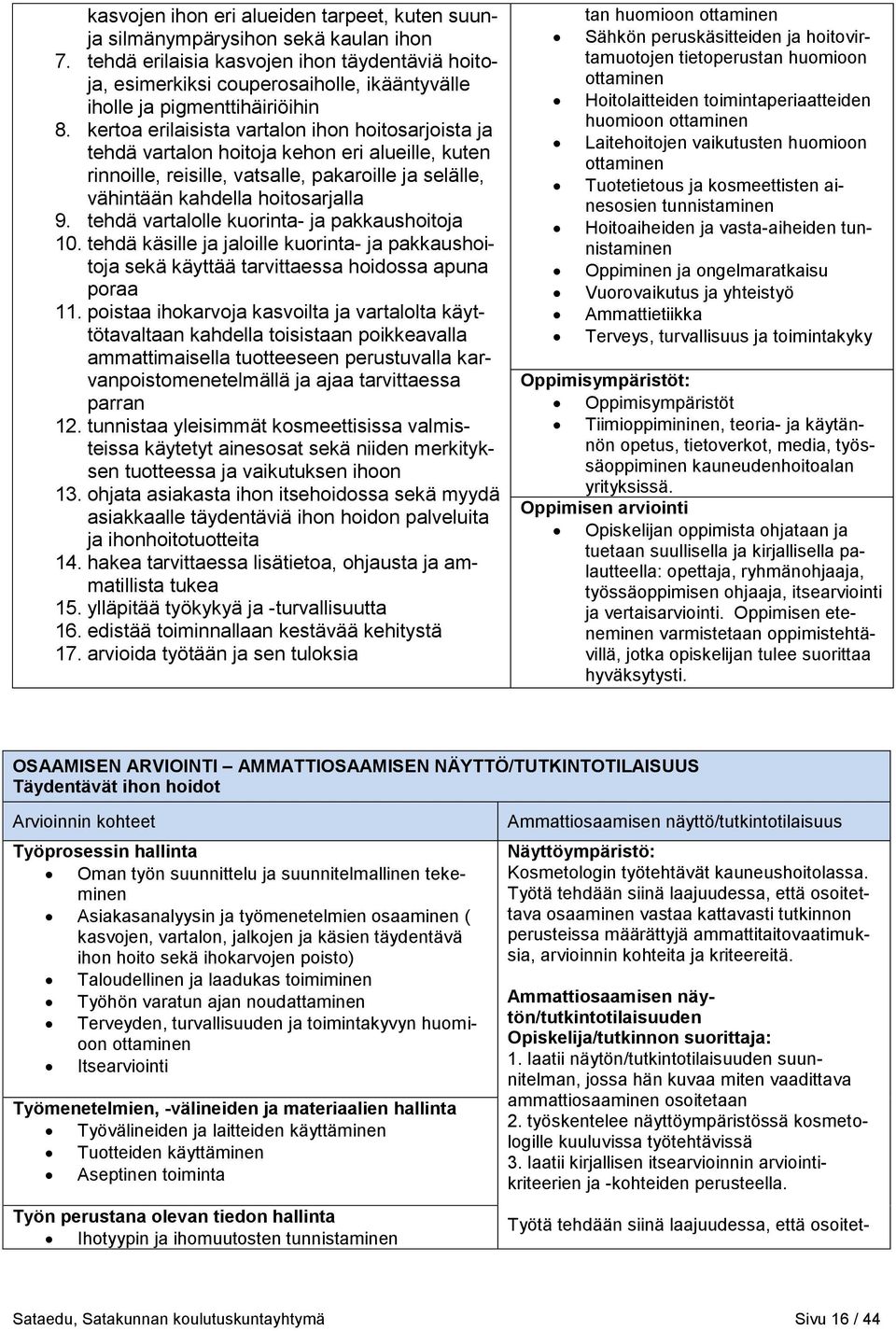 kertoa erilaisista vartalon ihon hoitosarjoista ja tehdä vartalon hoitoja kehon eri alueille, kuten rinnoille, reisille, vatsalle, pakaroille ja selälle, vähintään kahdella hoitosarjalla 9.