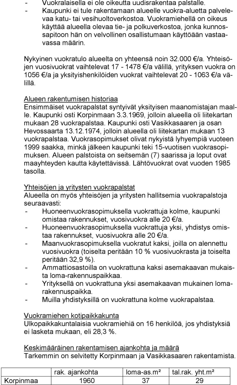 Nykyinen vuokratulo alueelta on yhteensä noin 32.000 /a.