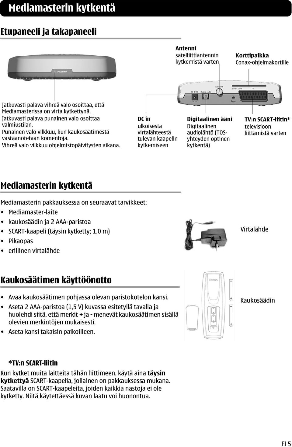 DC in ulkoisesta virtalähteestä tulevan kaapelin kytkemiseen Digitaalinen ääni Digitaalinen audiolähtö (TOSyhteyden optinen kytkentä) TV:n SCART-liitin* televisioon liittämistä varten Mediamasterin