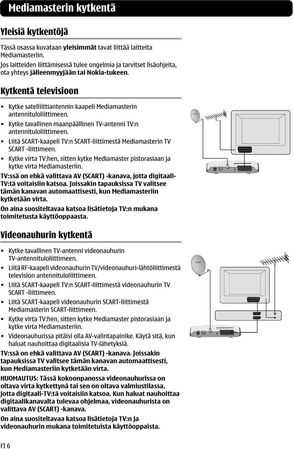 Kytkentä televisioon Kytke satelliittiantennin kaapeli Mediamasterin antennituloliittimeen. Kytke tavallinen maanpäällinen TV-antenni TV:n antennituloliittimeen.