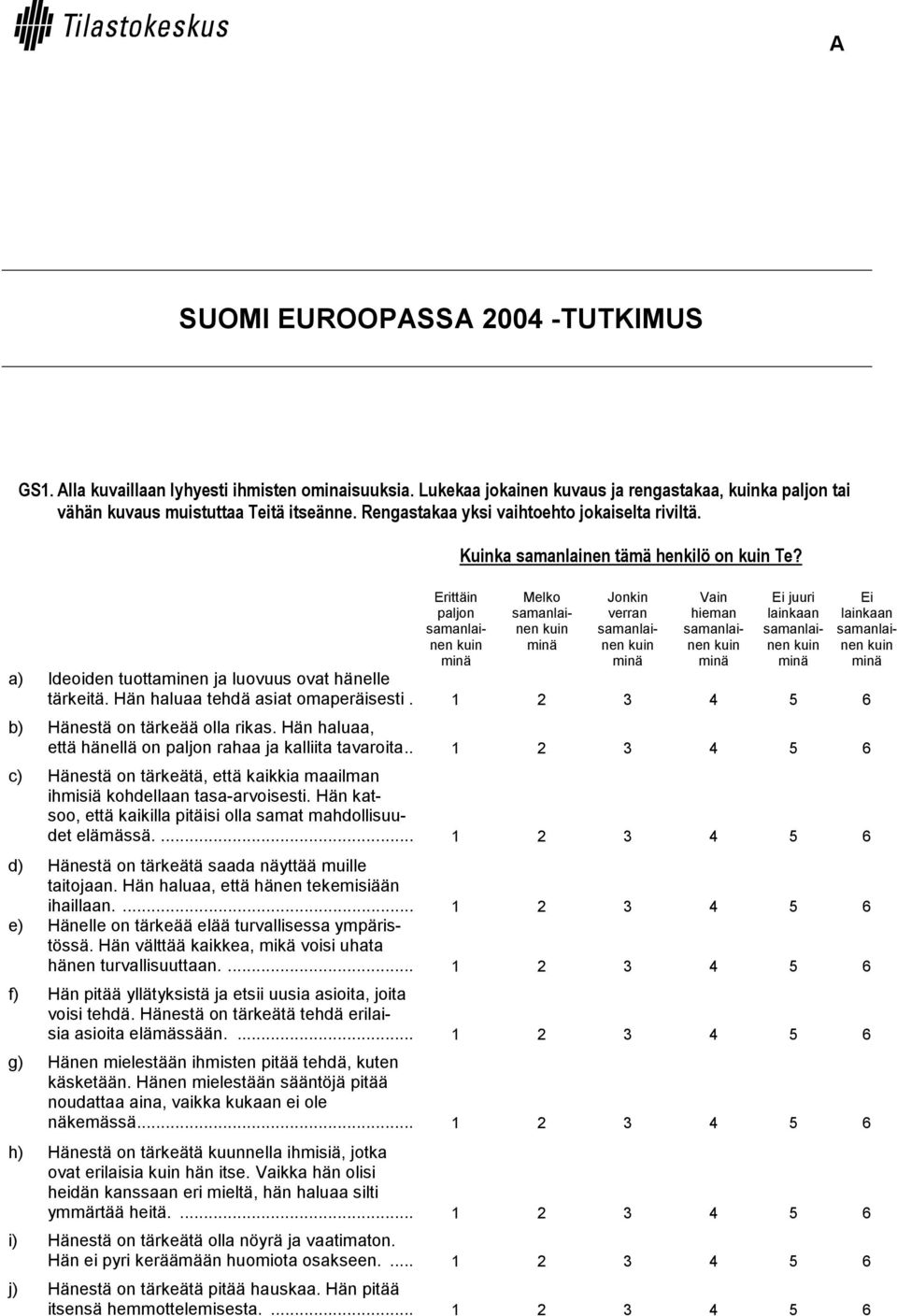 1 2 3 4 5 6 Ei b) Hänestä on tärkeää olla rikas. Hän haluaa, että hänellä on paljon rahaa ja kalliita tavaroita.