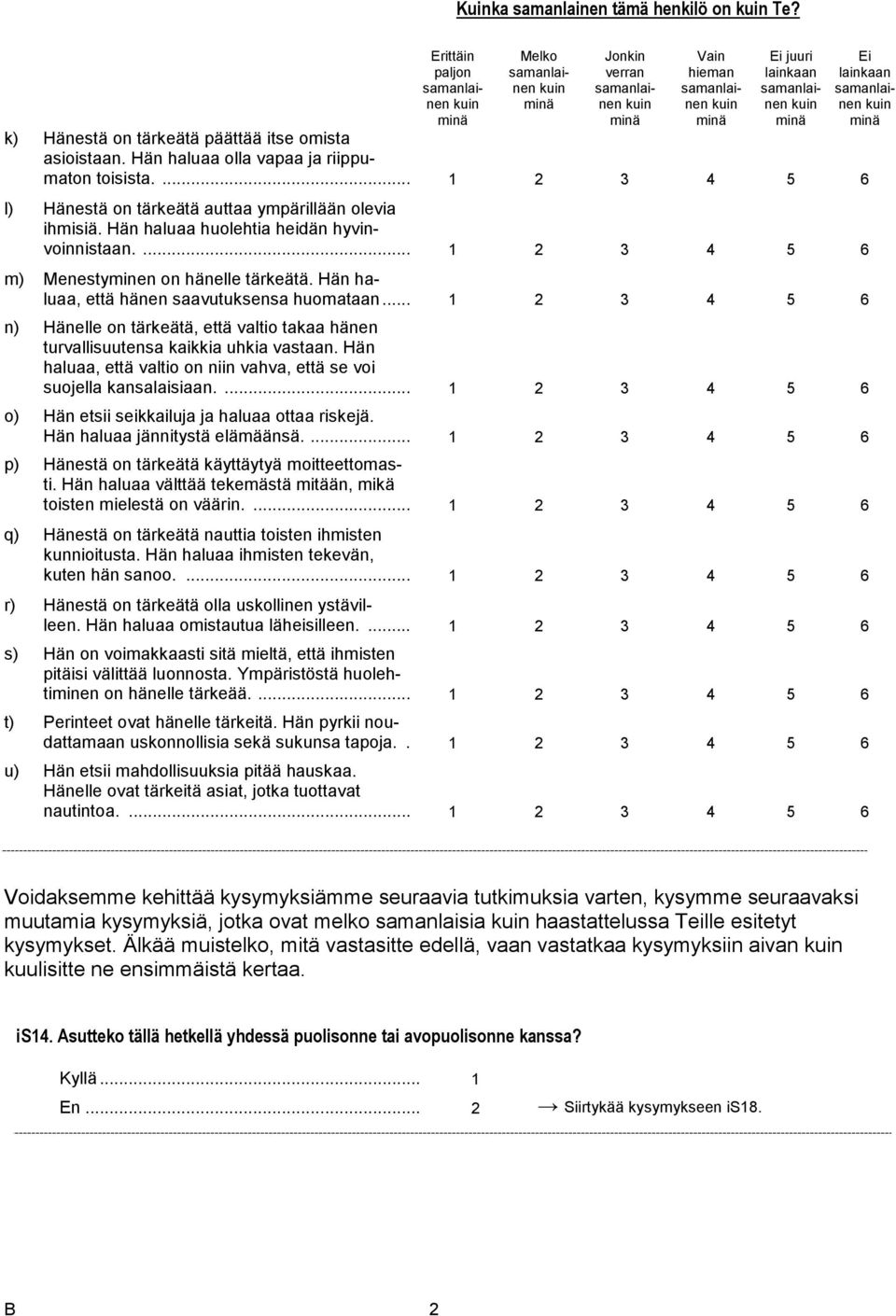 Hän haluaa, että hänen saavutuksensa huomataan... 1 2 3 4 5 6 n) Hänelle on tärkeätä, että valtio takaa hänen turvallisuutensa kaikkia uhkia vastaan.