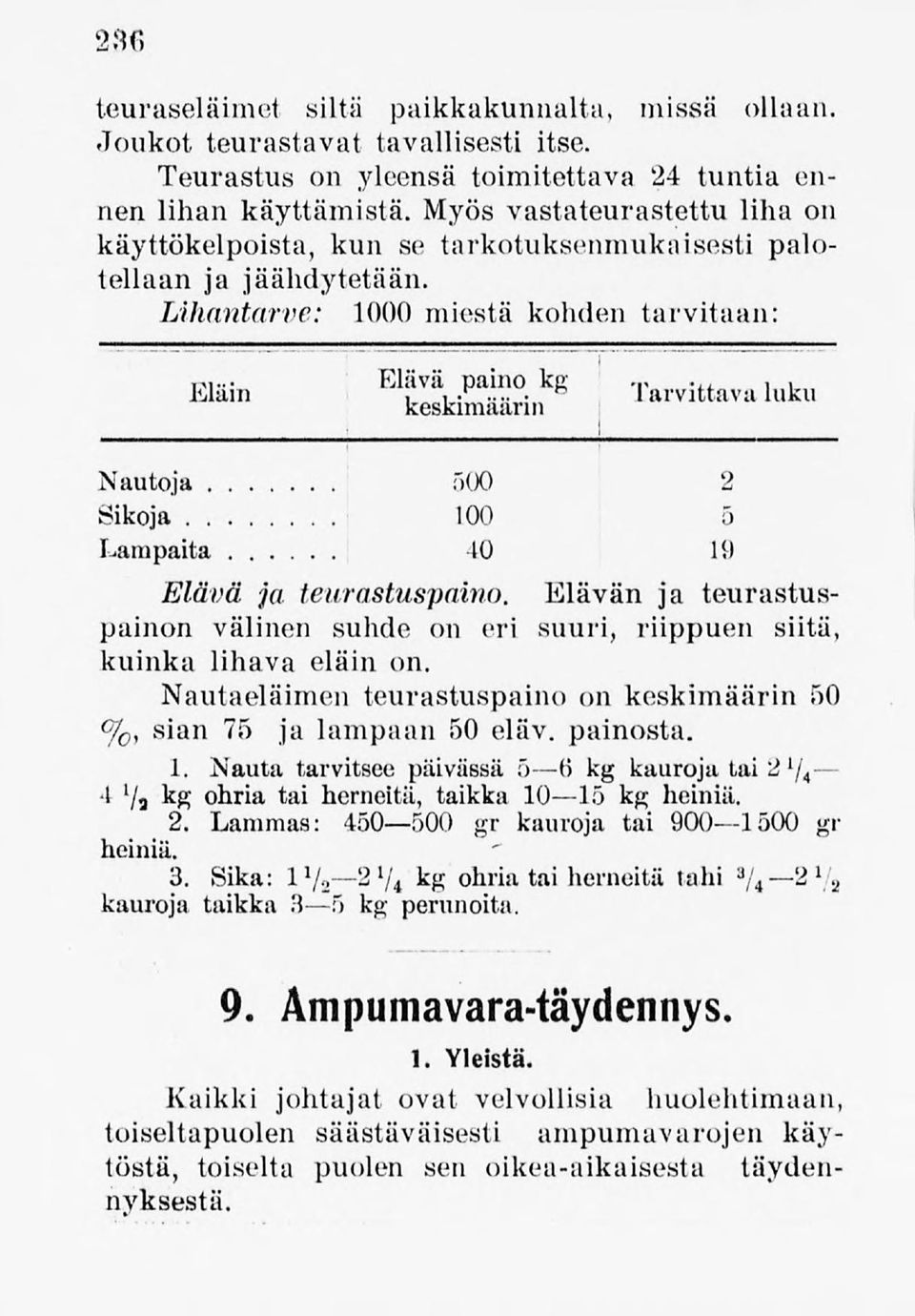 Lihantarve: 1000 miestä kohden tarvitaan: Eläin Rlava paino ke, -r ",,,,s 1 1 keskimäärin larvittavaluku Nautoja :')()0 2 Sikoja 100 ;> Lampaita 40 19 Elävä ja teurastuspaino.