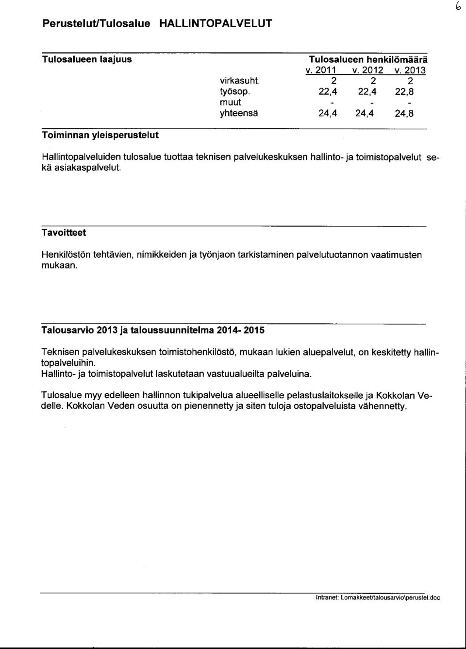 Tavoitteet Henkilöstön tehtävien, nimikkeiden ja työnjaon tarkistaminen palvelutuotannon vaatimusten mukaan.