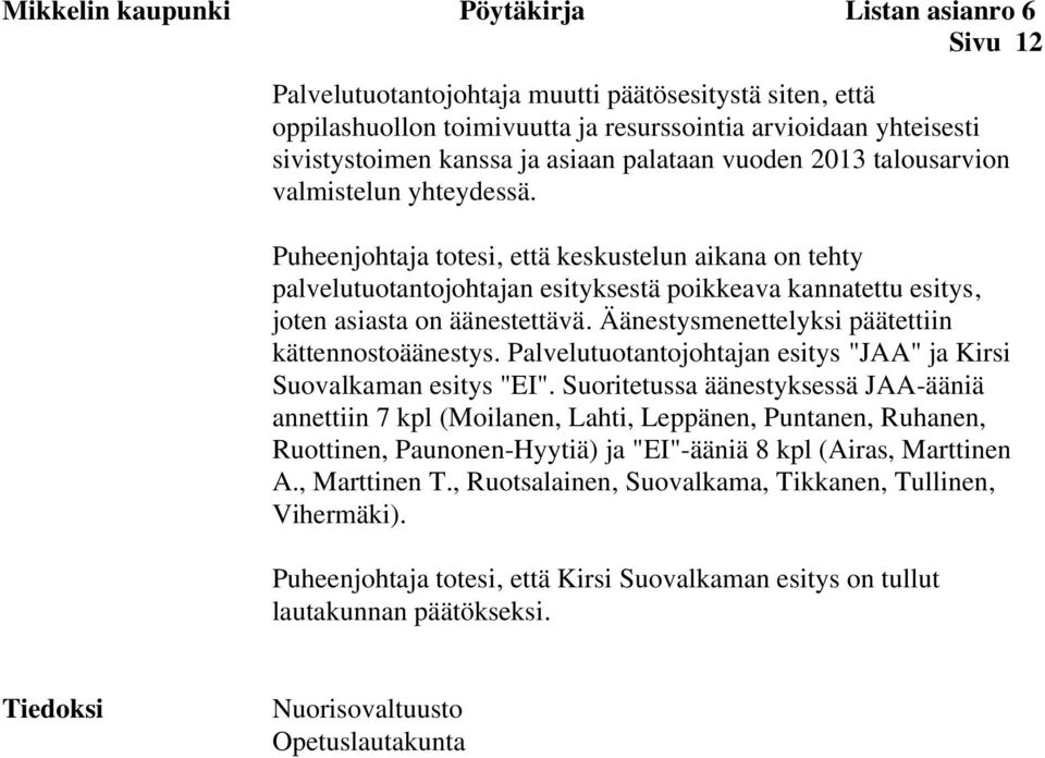 Puheenjohtaja totesi, että keskustelun aikana on tehty palvelutuotantojohtajan esityksestä poikkeava kannatettu esitys, joten asiasta on äänestettävä.