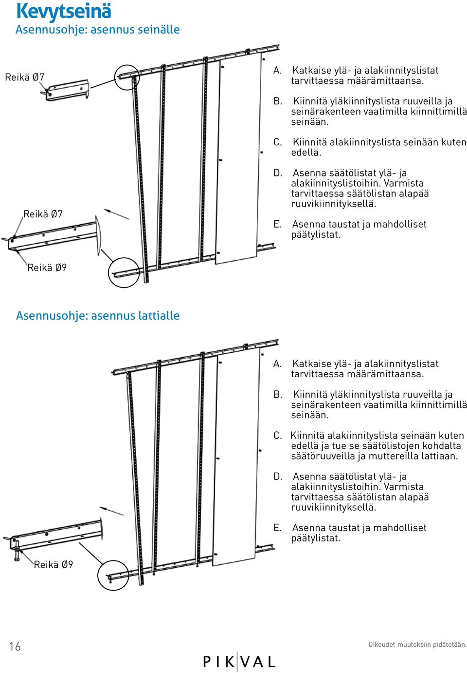 Asenna taustat ja mahdolliset päätylistat. Reikä Ø9 : asennus lattialle A. Katkaise ylä- ja alakiinnityslistat tarvittaessa määrämittaansa. B.