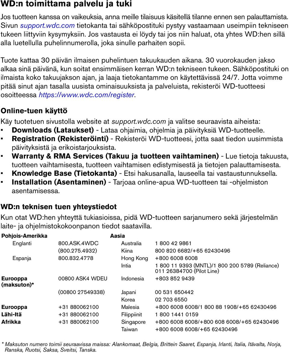 Jos vastausta ei löydy tai jos niin haluat, ota yhtes WD:hen sillä alla luetellulla puhelinnumerolla, joka sinulle parhaiten sopii. Tuote kattaa 30 päivän ilmaisen puhelintuen takuukauden aikana.