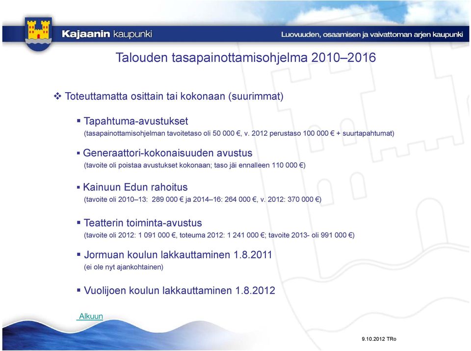 2012 perustaso 100 000 + suurtapahtumat) t) Generaattori-kokonaisuuden avustus (tavoite oli poistaa avustukset kokonaan; taso jäi ennalleen 110 000 ) Kainuun