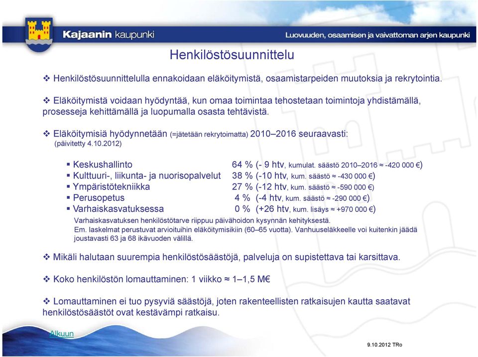 Eläköitymisiä hyödynnetään (=jätetään rekrytoimatta) 2010 20162016 seuraavasti: (päivitetty 4.10.2012) Keskushallinto 64 % (- 9 htv, kumulat.