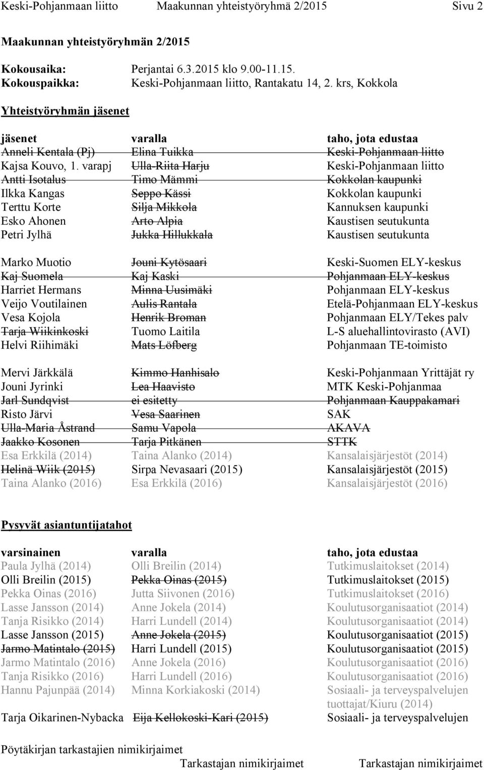 varapj Ulla-Riita Harju Keski-Pohjanmaan liitto Antti Isotalus Timo Mämmi Kokkolan kaupunki Ilkka Kangas Seppo Kässi Kokkolan kaupunki Terttu Korte Silja Mikkola Kannuksen kaupunki Esko Ahonen Arto