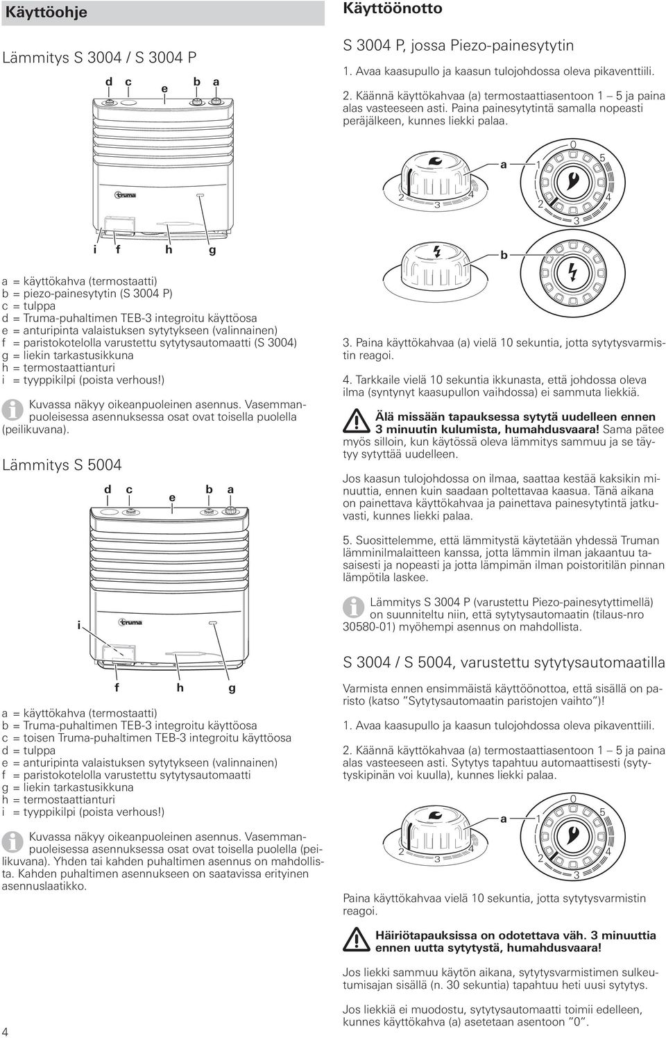 0 O i f h g = käyttökhv (termosttti) b = piezo-pinesytytin (S 00 P) c = tulpp d = Trum-puhltimen TEB- integroitu käyttöos e = nturipint vlistuksen sytytykseen (vlinninen) f = pristokoteloll vrustettu