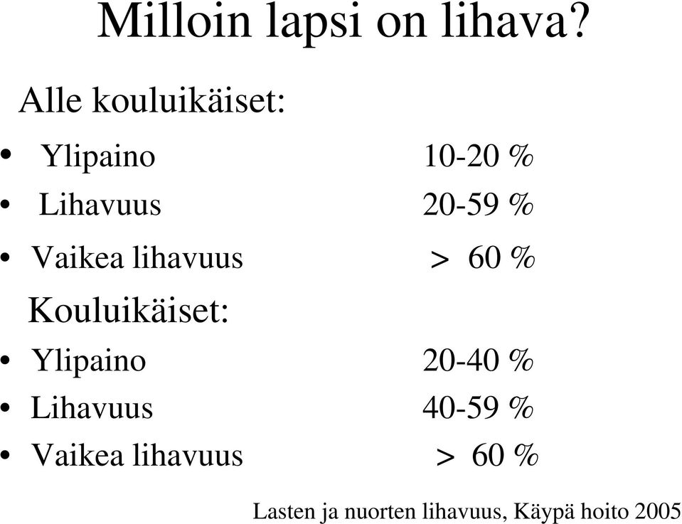 Vaikea lihavuus > 60 % Kouluikäiset: Ylipaino 20-40 %