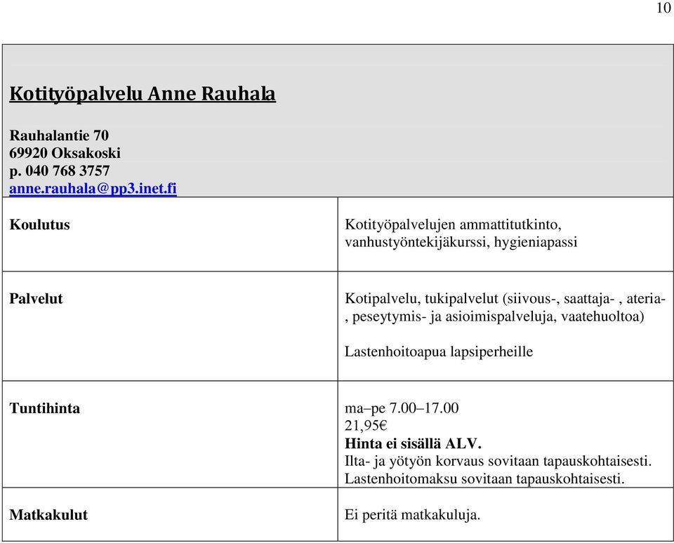 ateria-, peseytymis- ja asioimispalveluja, vaatehuoltoa) Lastenhoitoapua lapsiperheille Tuntihinta ma pe 7.00 17.