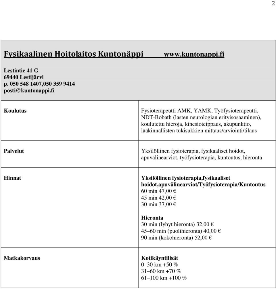 mittaus/arviointi/tilaus Yksilöllinen fysioterapia, fysikaaliset hoidot, apuvälinearviot, työfysioterapia, kuntoutus, hieronta Hinnat Yksilöllinen fysioterapia,fysikaaliset