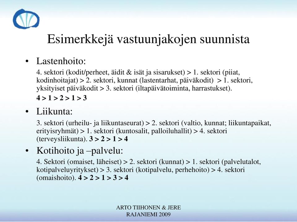 sektori (urheilu- ja liikuntaseurat) > 2. sektori (valtio, kunnat; liikuntapaikat, erityisryhmät) > 1. sektori (kuntosalit, palloiluhallit) > 4. sektori (terveysliikunta).