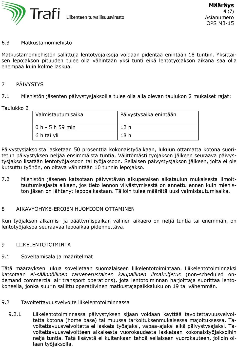 1 Miehistön jäsenten päivystysjaksoilla tulee olla alla olevan taulukon 2 mukaiset rajat: Taulukko 2 Valmistautumisaika Päivystysaika enintään 0 h - 5 h 59 min 12 h 6 h tai yli 18 h