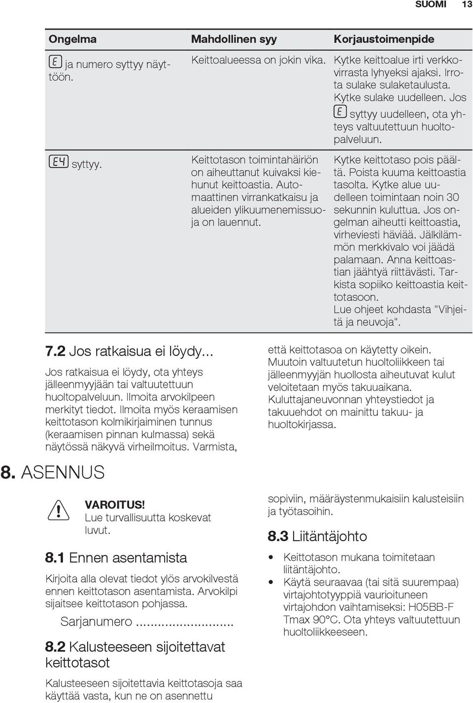 syttyy uudelleen, ota yhteys valtuutettuun huoltopalveluun. Kytke keittotaso pois päältä. Poista kuuma keittoastia tasolta. Kytke alue uudelleen toimintaan noin 30 sekunnin kuluttua.