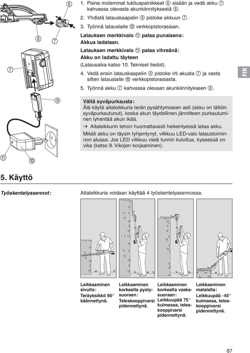 Vedä ensin latauskaapelin 9 pistoke irti akusta 7 ja vasta sitten latauslaite 0 verkkopistorasiasta. 5. Työnnä akku 7 kahvassa olevaan akunkiinnitykseen 8.