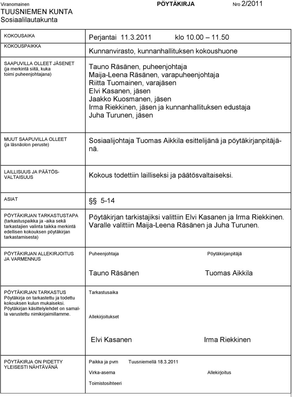 varapuheenjohtaja Riitta Tuomainen, varajäsen Elvi Kasanen, jäsen Jaakko Kuosmanen, jäsen Irma Riekkinen, jäsen ja kunnanhallituksen edustaja Juha Turunen, jäsen MUUT SAAPUVILLA OLLEET (ja läsnäolon
