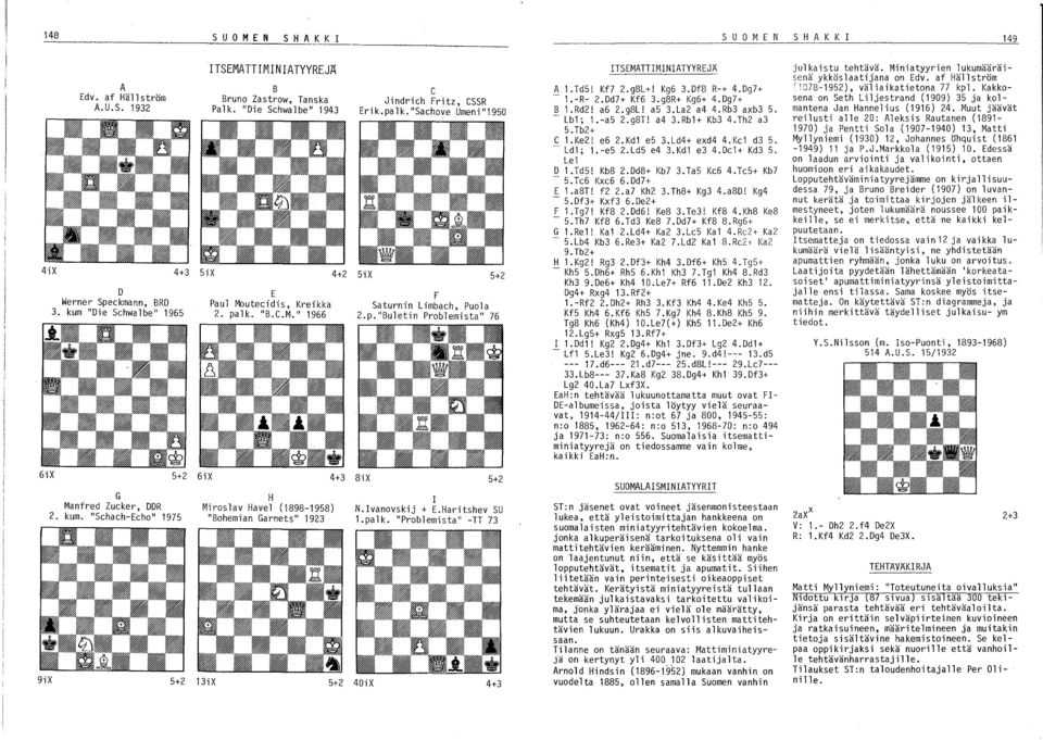"Sachove Umeni"1950 4+3 5iX 4+2 5iX 5+2 E Paul Mouteci di s, Krei kka 2. palko "B.C.M." 1966 F Saturnin Limbach, Puola 2.p."Buletin Problemista" 76 6iX 5+2 6iX 4+3 8iX 5+2 G Manfred Zucker, DDR 2.