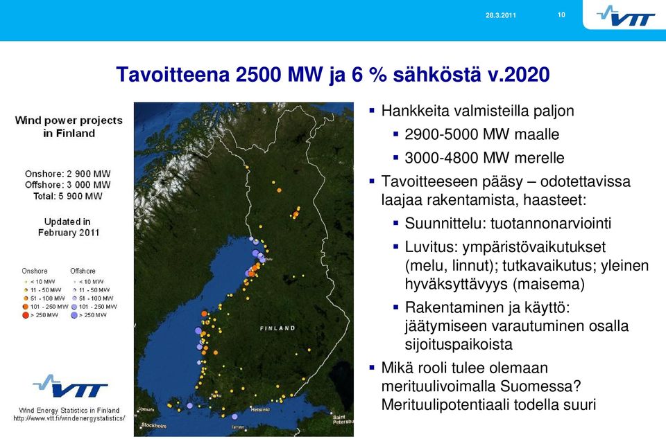 rakentamista, haasteet: Suunnittelu: tuotannonarviointi Luvitus: ympäristövaikutukset (melu, linnut); tutkavaikutus;