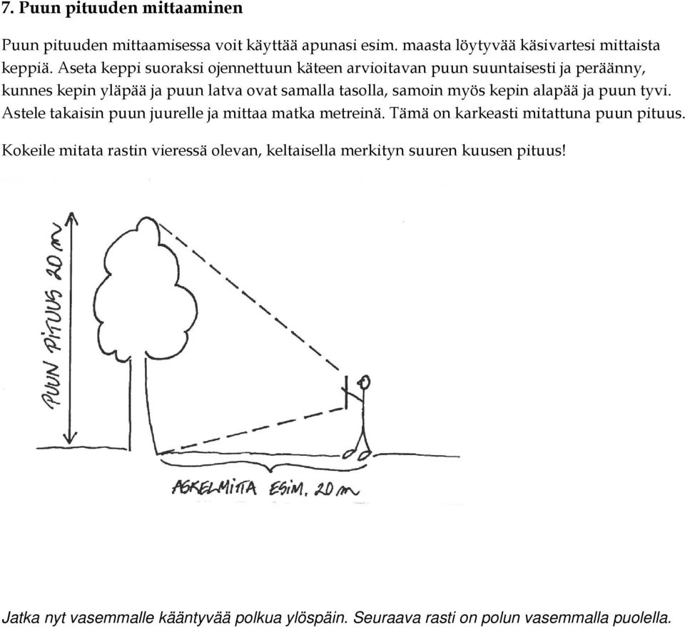 samoin myös kepin alapää ja puun tyvi. Astele takaisin puun juurelle ja mittaa matka metreinä. Tämä on karkeasti mitattuna puun pituus.