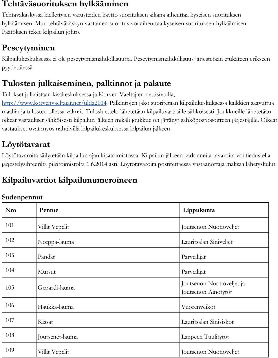 Peseytymismahdollisuus järjestetään etukäteen erikseen pyydettäessä. Tulosten julkaiseminen, palkinnot ja palaute Tulokset julkaistaan kisakeskuksessa ja Korven Vaeltajien nettisivuilla, http://www.