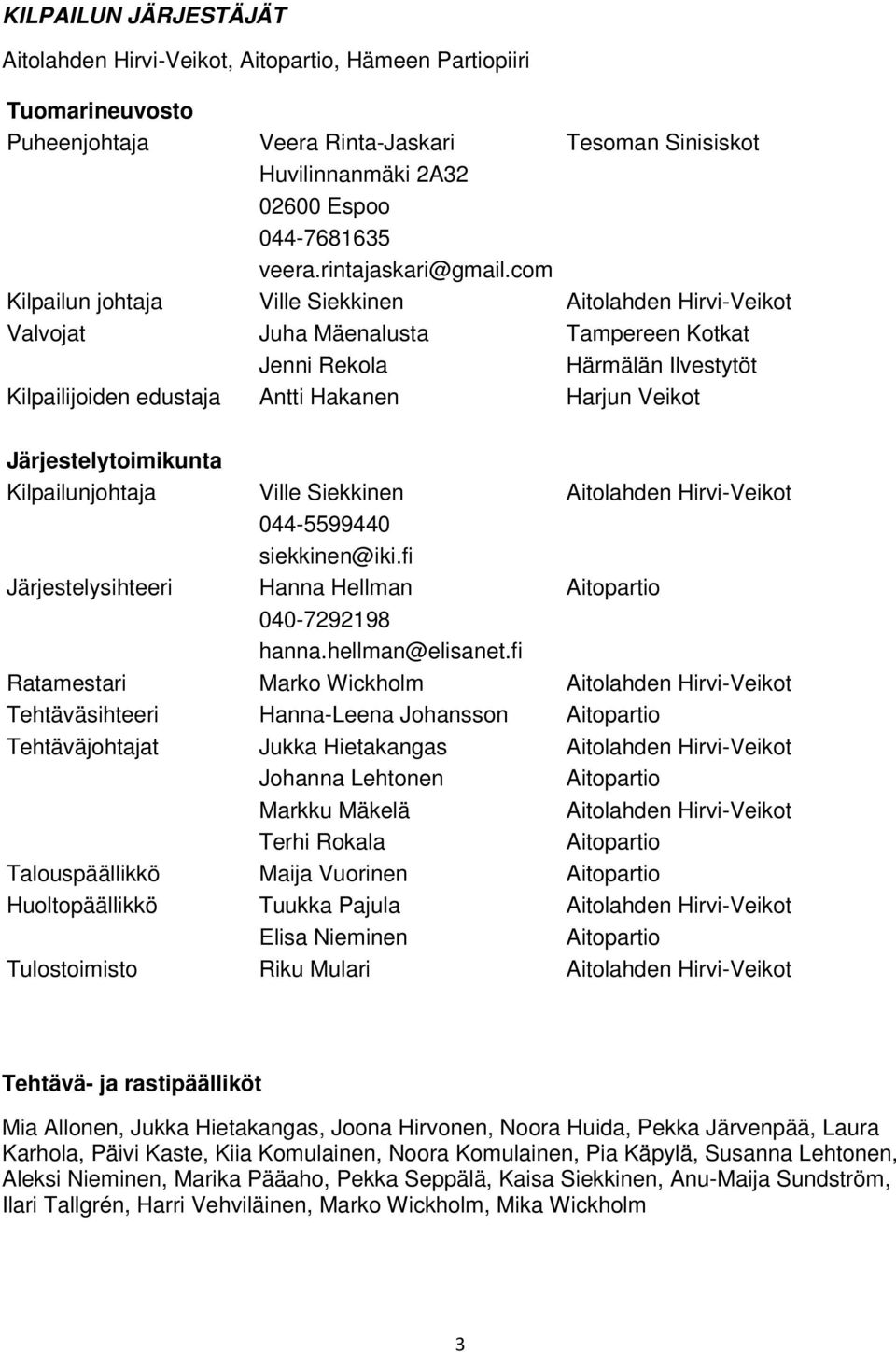 com Kilpailun johtaja Ville Siekkinen Aitolahden Hirvi-Veikot Valvojat Juha Mäenalusta Tampereen Kotkat Jenni Rekola Härmälän Ilvestytöt Kilpailijoiden edustaja Antti Hakanen Harjun Veikot