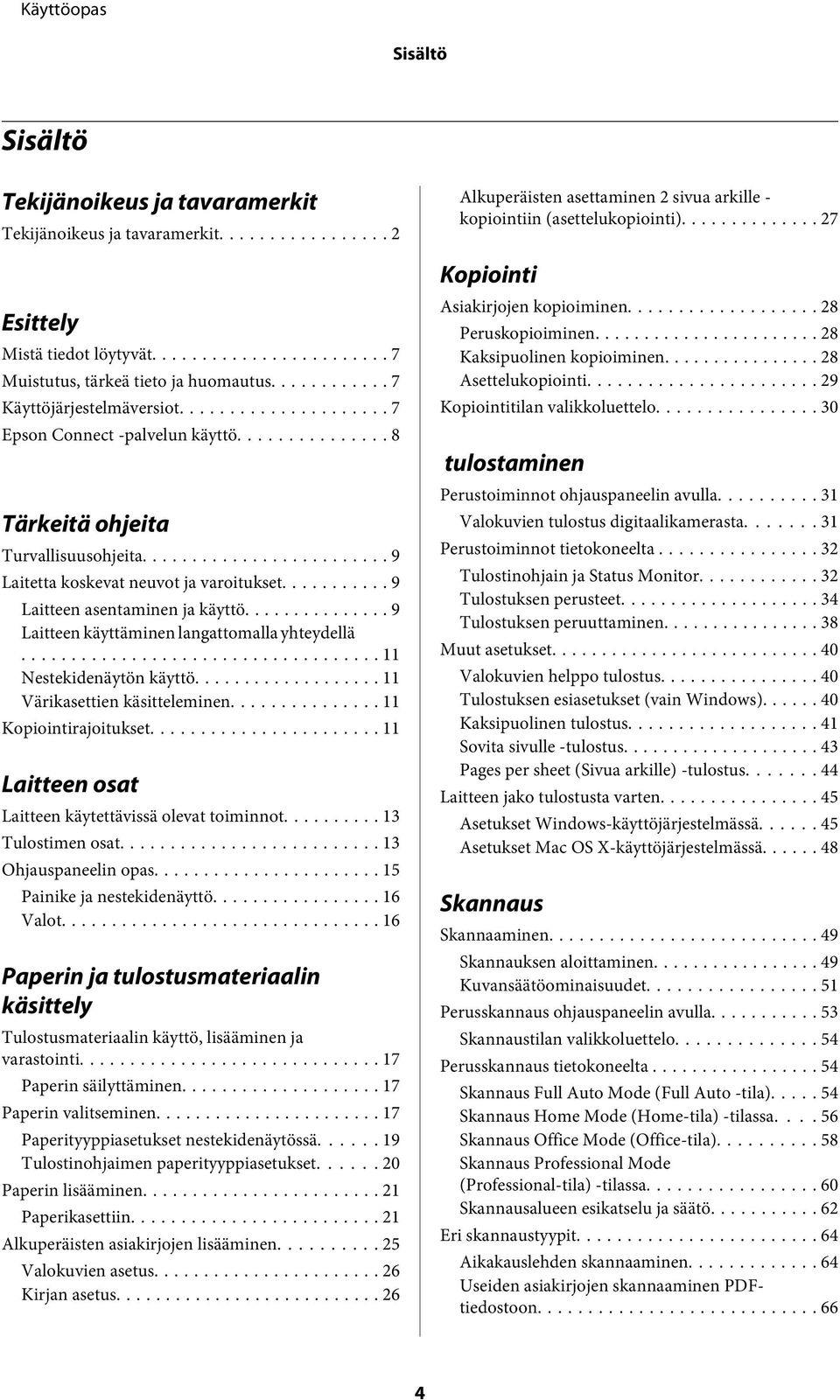 .. 9 Laitteen käyttäminen langattomalla yhteydellä... 11 Nestekidenäytön käyttö... 11 Värikasettien käsitteleminen... 11 Kopiointirajoitukset... 11 Laitteen osat Laitteen käytettävissä olevat toiminnot.