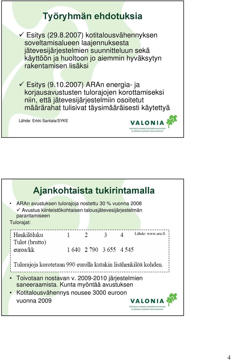 2007) ARAn energia- ja korjausavustusten tulorajojen korottamiseksi niin, että jätevesijärjestelmiin osoitetut määrärahat tulisivat täysimääräisesti käytettyä Lähde: Erkki